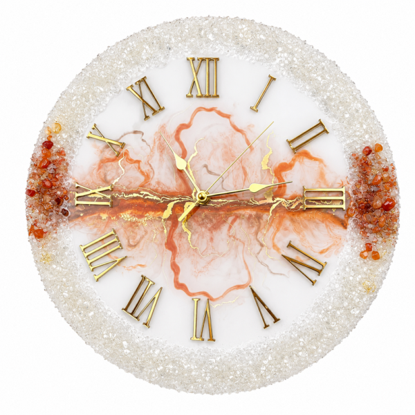 White crystal wall clock Orange agate gold resin wall clock with Roman numerals and crystal-textured decorative rim