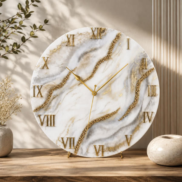 Elegant white minimalist resin wall clock with gray veining, gold accents, Roman numerals and three gold hands.