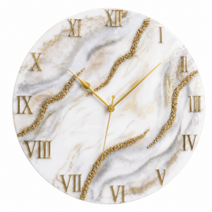 Elegant white minimalist resin wall clock featuring flowing gray veining, delicate gold accents, Roman numeral markers, and three gold hands, displayed as a sophisticated luxury home décor piece.