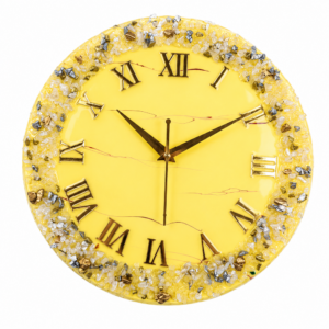 Golden yellow resin clock with crystal accents and Roman numeral details