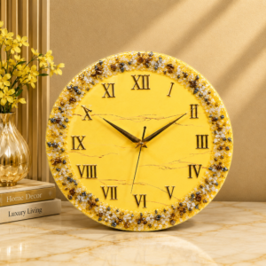 Yellow color art resin wall clock Luxury yellow resin clock with gold Roman numerals and a sparkling decorative border