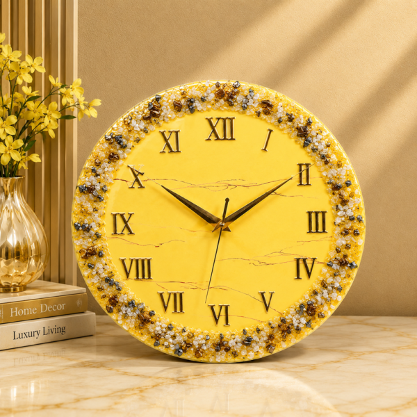 Luxury yellow resin clock with gold Roman numerals and a sparkling decorative border