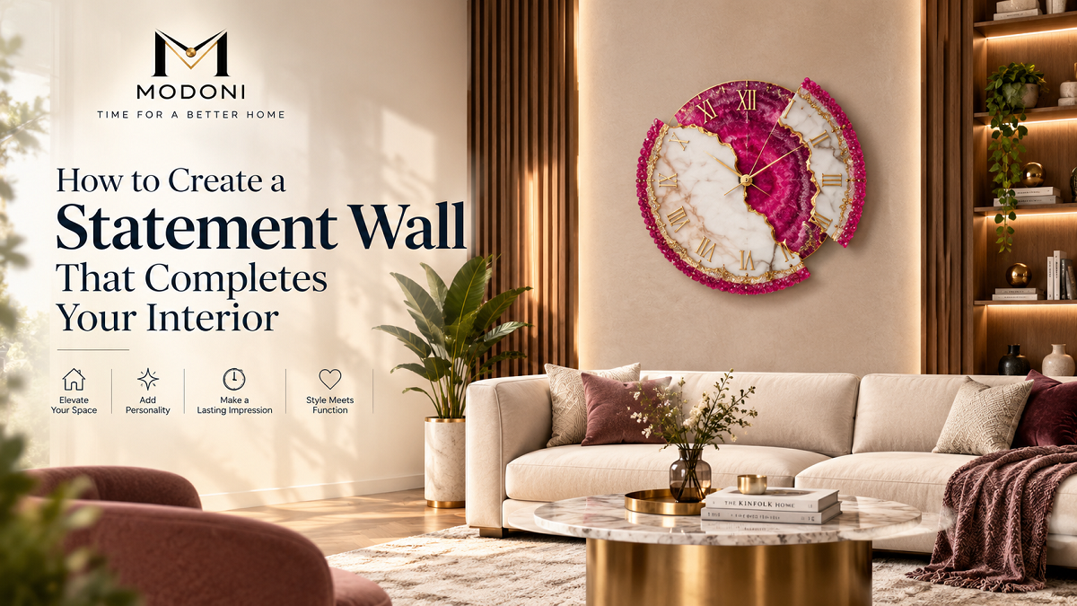 Modoni statement wall with luxury pink geode wall clock in a modern living room